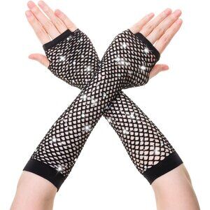 Women's Rhinestone Black Sparkly Halloween Cosplay Fingerless Long Gloves